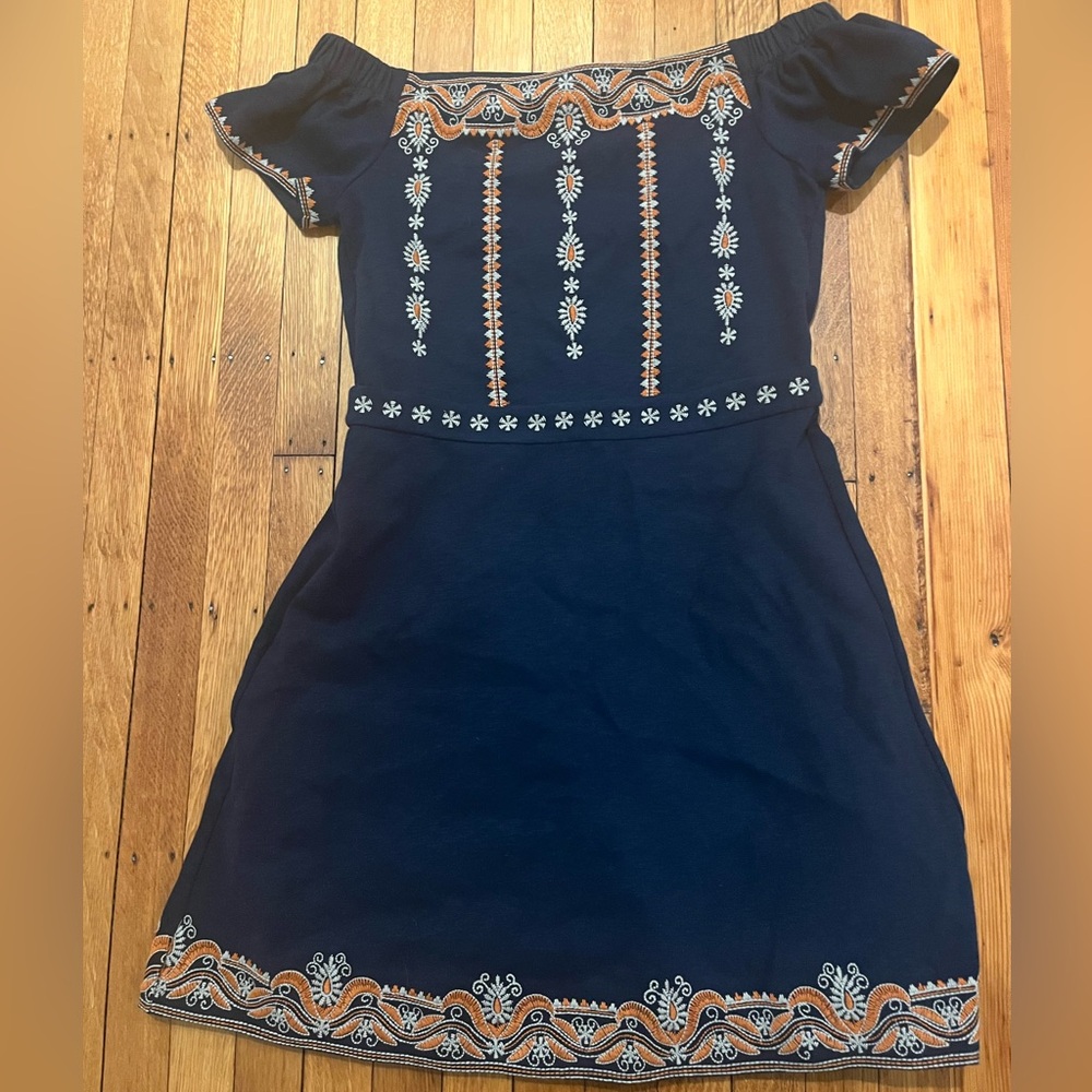 Tory Burch navy blue short cotton dress with embroidery